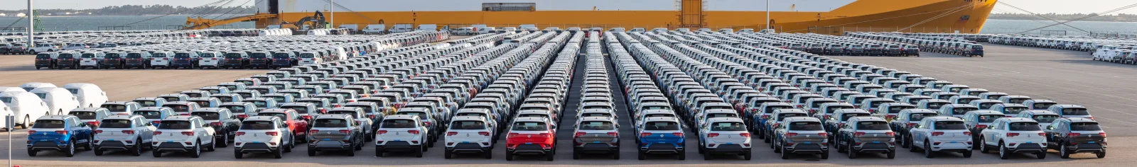 Panorama of Setúbal port with Volkswagen export vehicles
